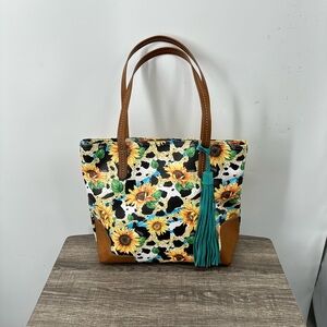 Catchfly Sunflower Cow Print Tote with Brown and Teal Accents